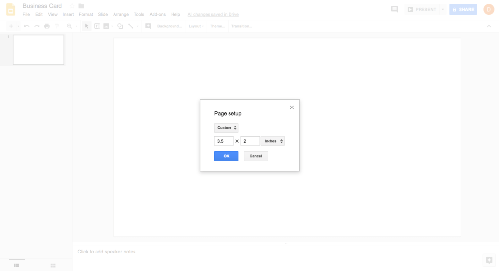 Google Slides settings for 3D printed business card