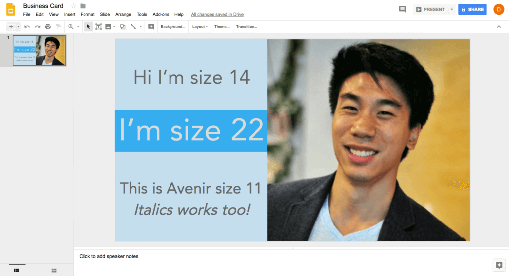 Google Slides layout of 3D printed business card
