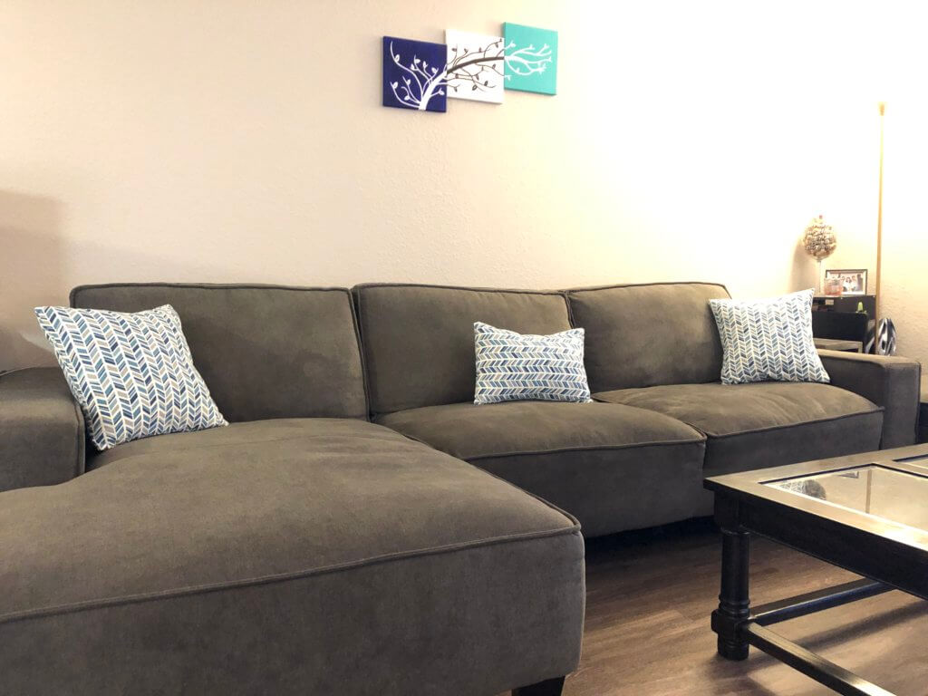 Completed throw pillows on couch