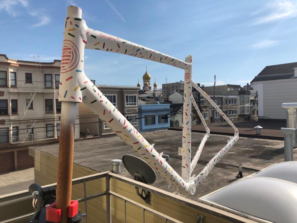 Image of bicycle frame drying outside