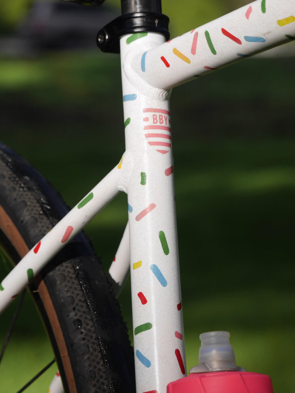 Close-up of logo on painted bike frame