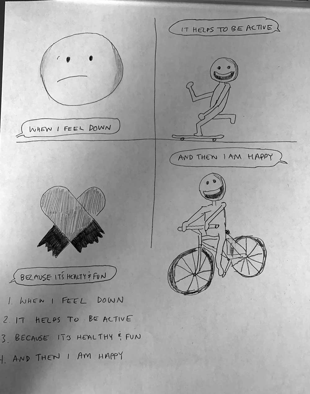 Participant’s comic: “When I feel down. It helps to be active. Because it’s healthy and fun. And then I am happy.” 