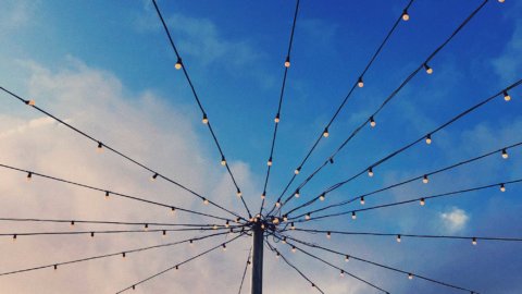 lights on wires, water carries