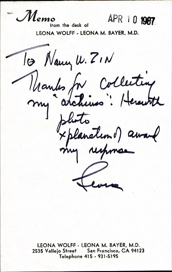 Dr. Leona Bayer Thank You note to Nancy Zin