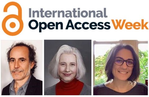Logo for International Open Access Week, with headshots of three speakers below it