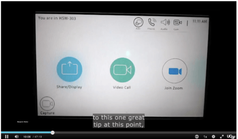 A Zoom screen showing a classroom technology panel with icons for share/display, video call and join zoom. The closed captioning from the speaker at the bottom of the image reads "to this one great tip at this point,"