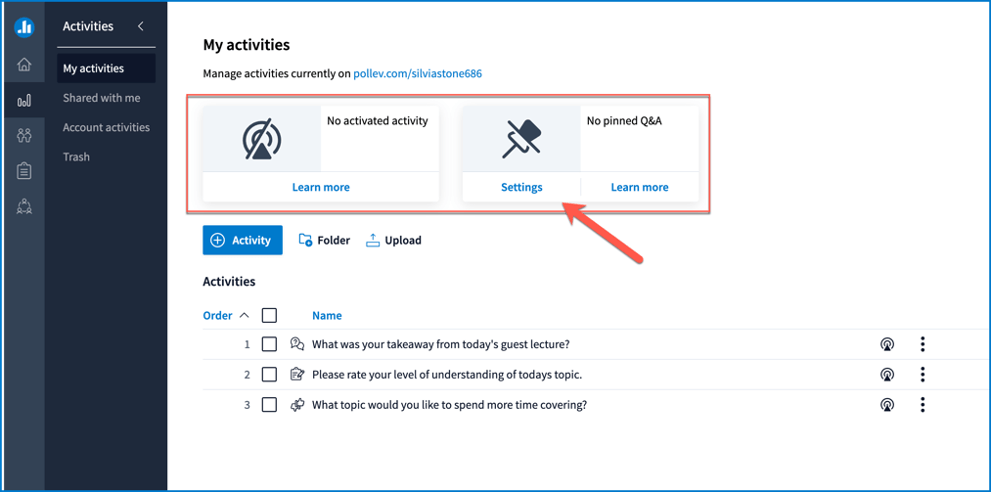 A red arrow indicating the settings within Poll Everywhere.