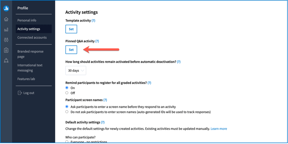 Red arrow indicating the "Set" button for Pinned Q&A activity.