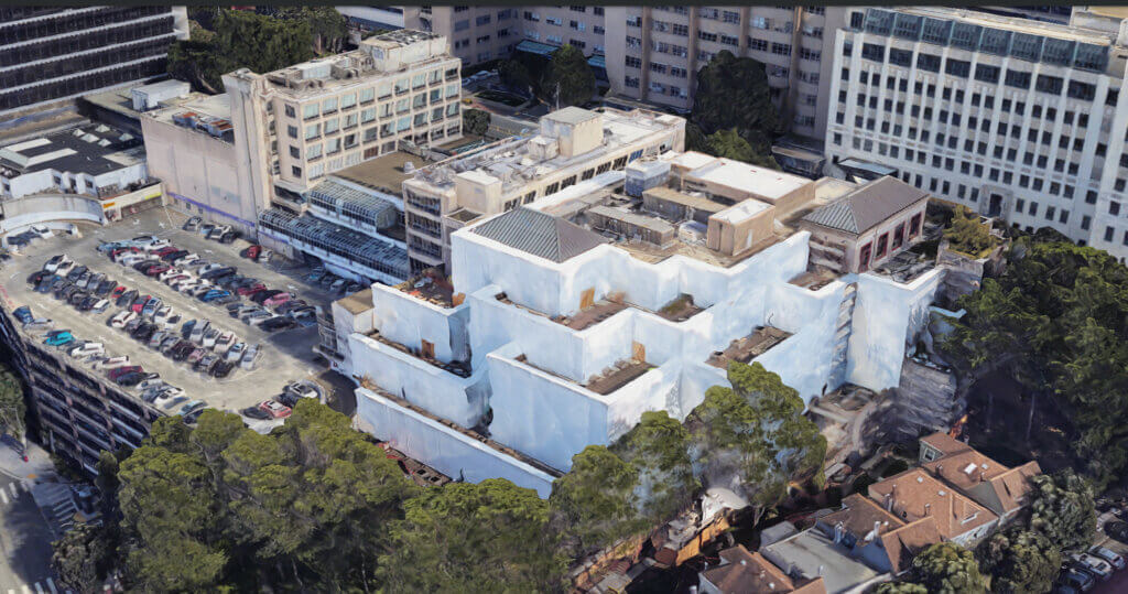 The UCSF Kalmanovitz Library 3D rendered with white sheeting covering the exterior.