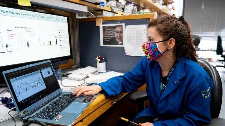 A UCSF researcher reviews flow analysis data on a computer screen