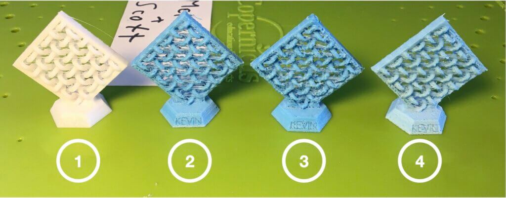 Four models 3D printed in different materials and qualities - 1) New PLA at standard quality, 2) Recycled PLA at standard quality, 3) Recycled PLA at high quality, 4) Recycled PLA at regular quality printed 5° warmer