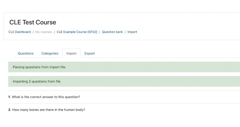 CLE Test Course portal showing where to import questions into the question bank