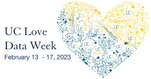 Text "UC Love Data Week, February 13 - 17, 2023" and graphic of a heart containing circuits and abbreviations for each UC campus with a blue/yellow gradient.