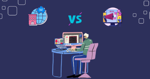 Graphic of a person sitting at a desk and looking at a computer with icons above them for Wiki vs blog.