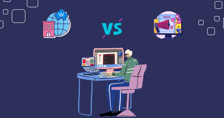 Graphic of a person sitting at a desk and looking at a computer with icons above them for Wiki vs blog.