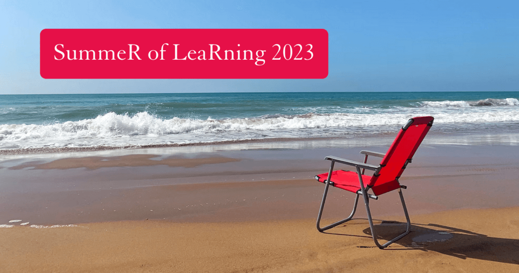 A red folding chair on a beach and the text "SummeR of LeaRning 2023".