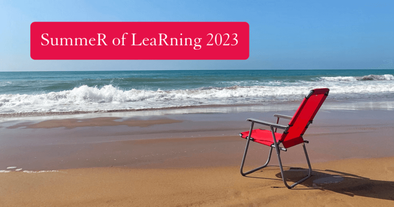 A red folding chair on a beach and the text "SummeR of LeaRning 2023".