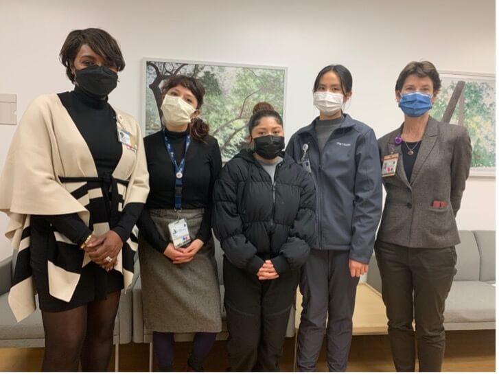 Andrea Turner, ZSFG COO, Nora Franco, Clinical Research Librarian, Darleen Deleon, Mission Bay Scholar, Betsy Chow, Mission Bay Scholar, and Susan Ehrlich, ZSFG CEO standing together.