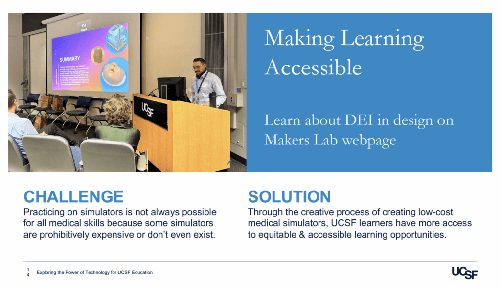 A PowerPoint slide for the Making Learning Accessible presentation "Learn about DEI in design on Makers Lab webpage" showing UCSF Makers Lab Designer Scott Drapeau presenting.