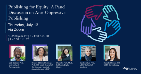Publishing for Equity advertisement with photos of the five panelists and a graphic of five hands overlapping one another in a circle.