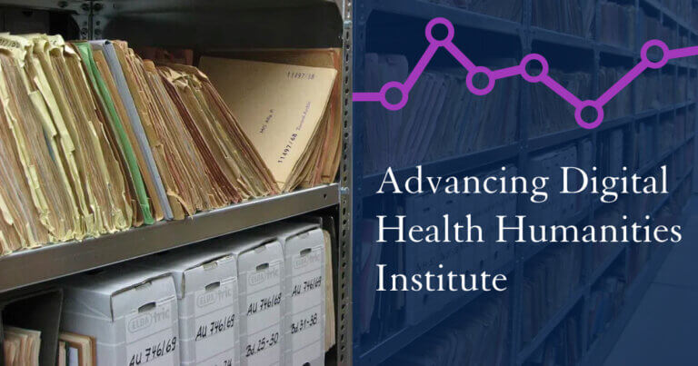 Files on a metal shelving unit. Layered on top is text "Advancing Digital Health Humanities Institute."