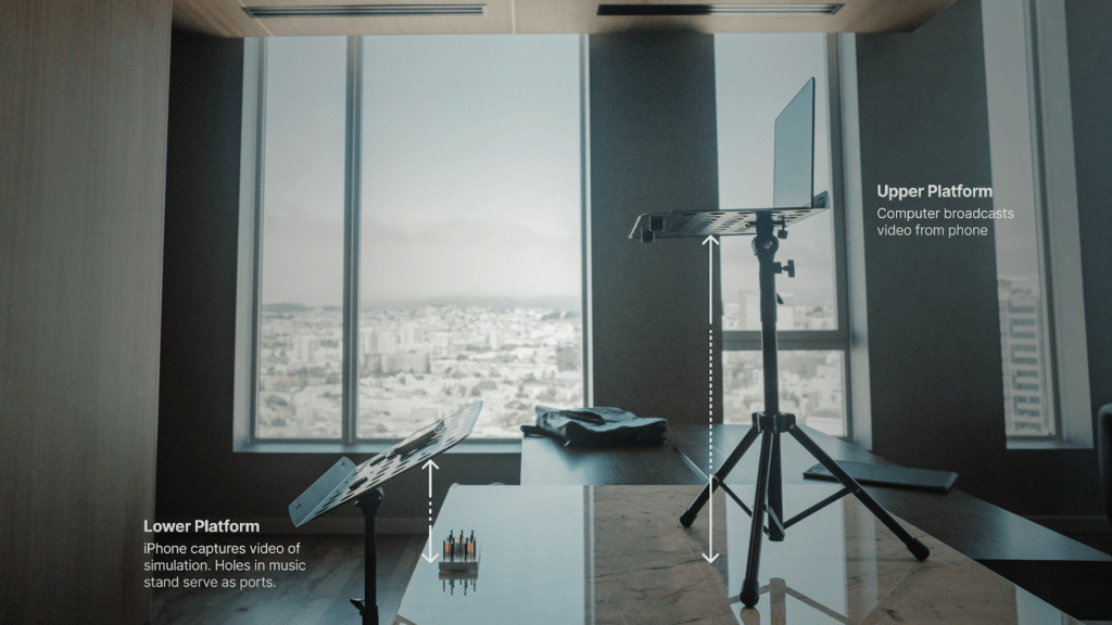 Early prototype laparoscopic stand set up using music stands