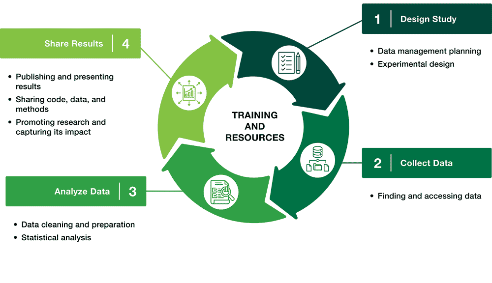 Research lifecycle diagram 1. design a study 2. collect data 3. analyze data 4. share results