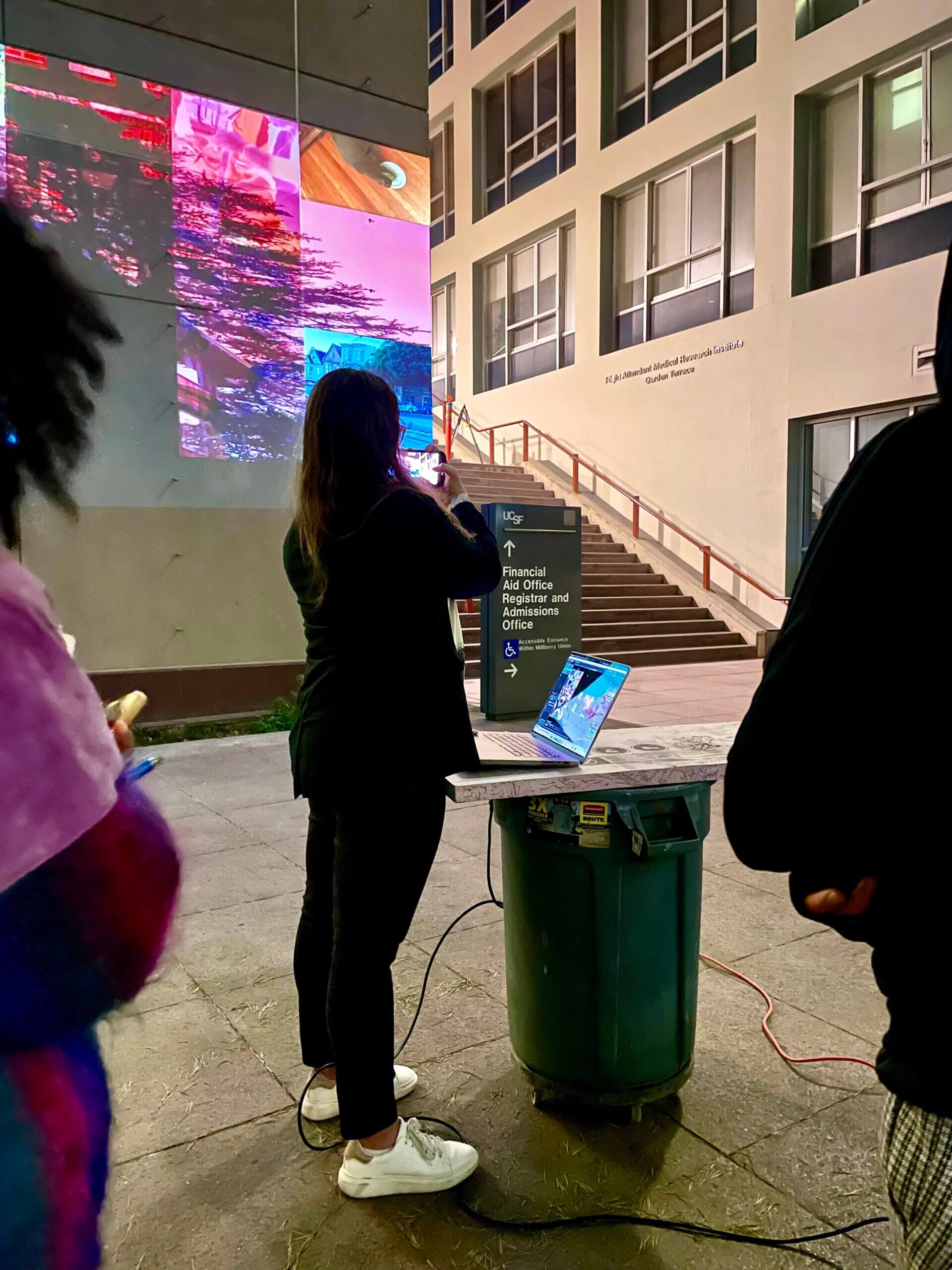 Katina Bitsicas leading the projection mapping workshop at the UCSF Kalmanovitz Library.