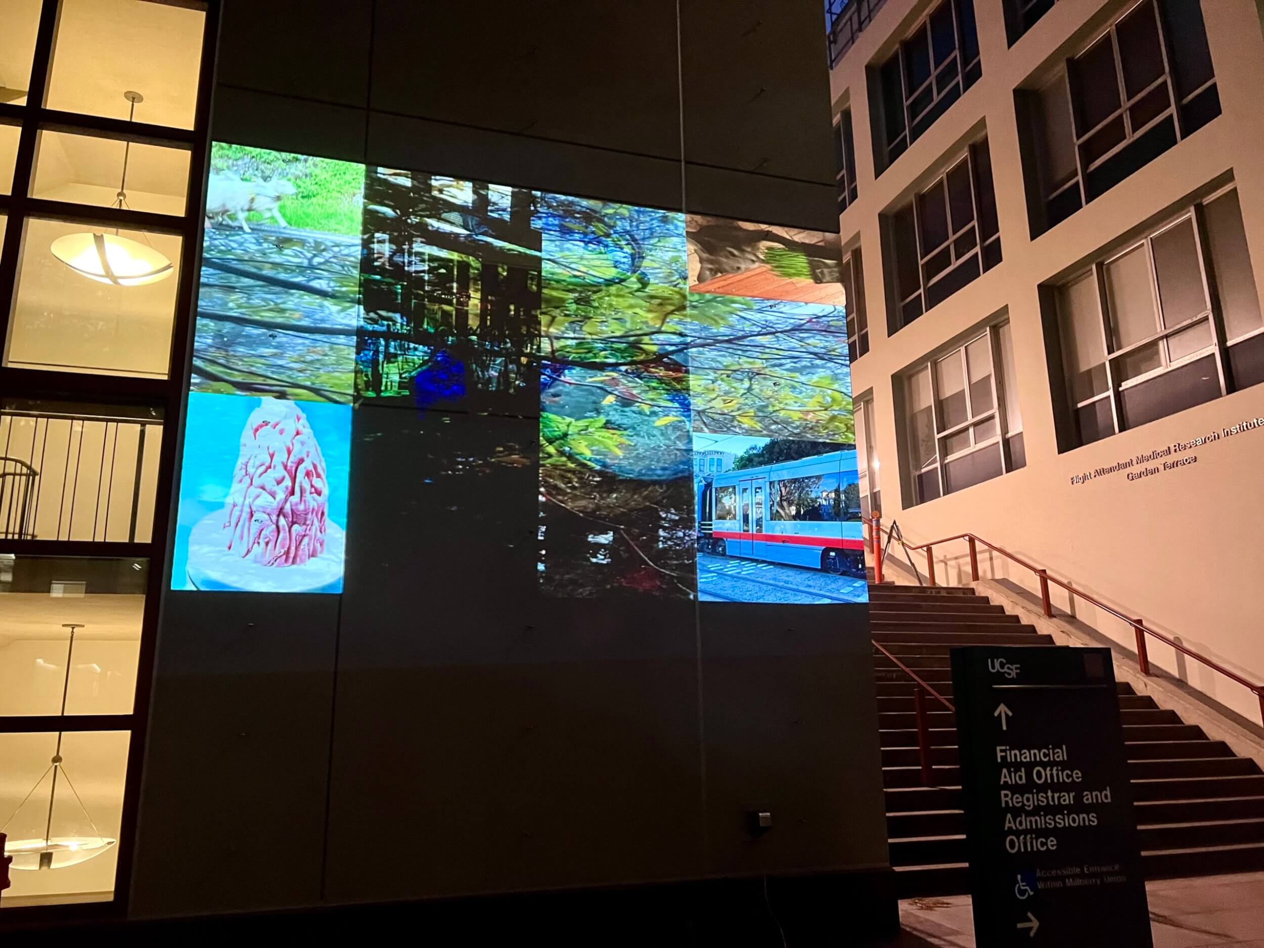 Projection mapping a collage of videos onto the front of UCSF Kalmanovitz Library.