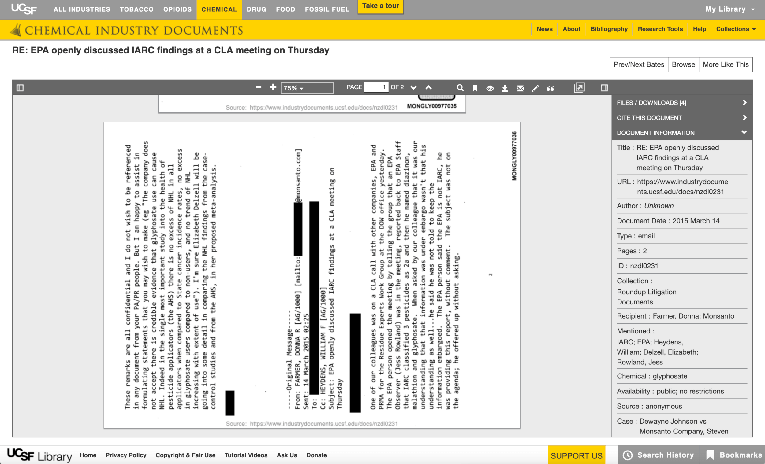 Screenshot of IDL Chemical Industry Documents highlighting a section of email exchanges with the EPA.