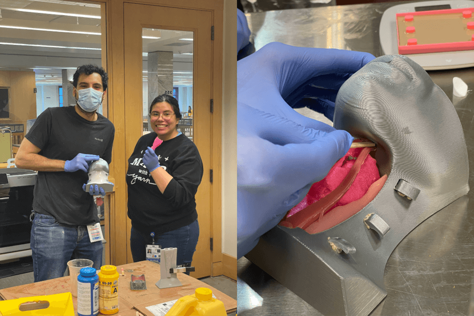 Kamel holding the model, with Zuivanna analyzing a replacement part in the lab.