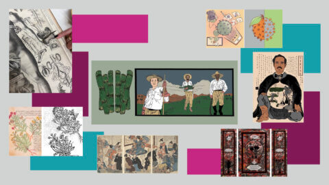 Collage of art from UCSF collections and previous artists in residence.