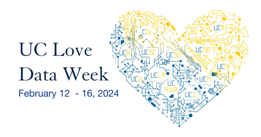 Text "UC Love Data Week, February 12 - 16, 2024" and graphic of a heart containing circuits and abbreviations for each UC campus with a blue/yellow gradient.
