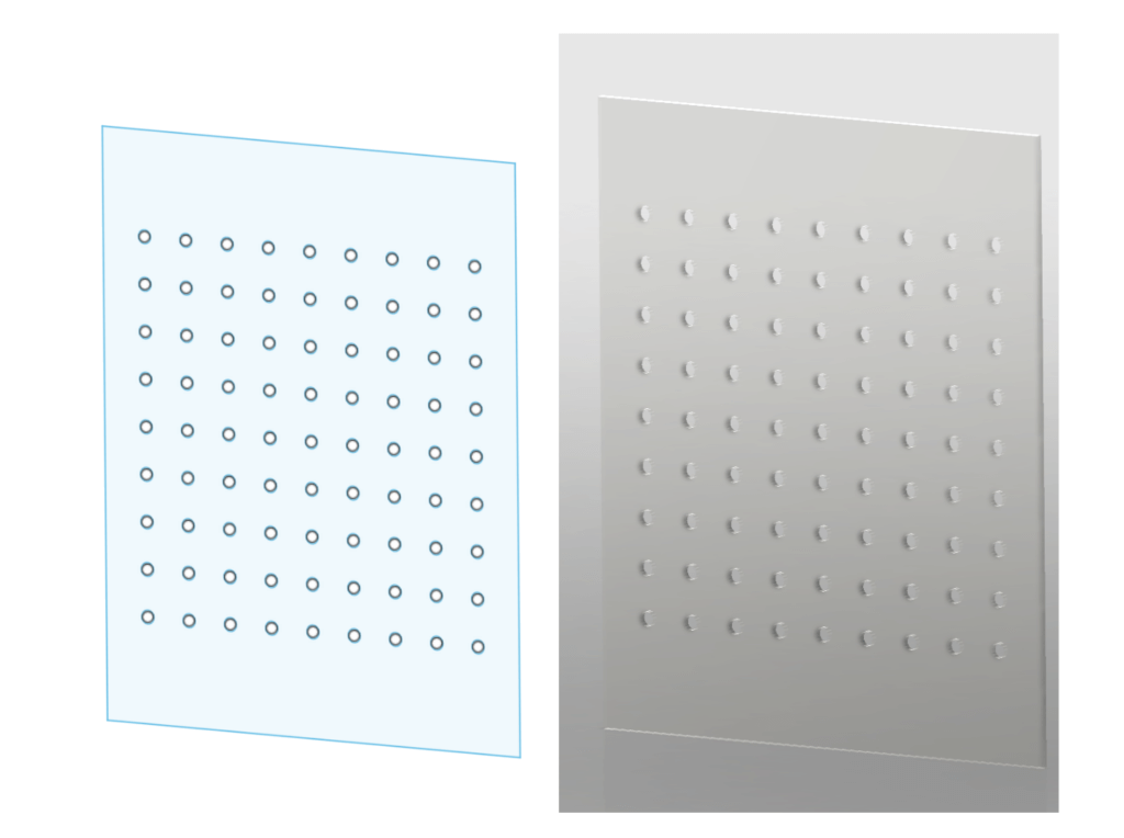 2D sketch to 3D model of grid in Fusion 360 software.