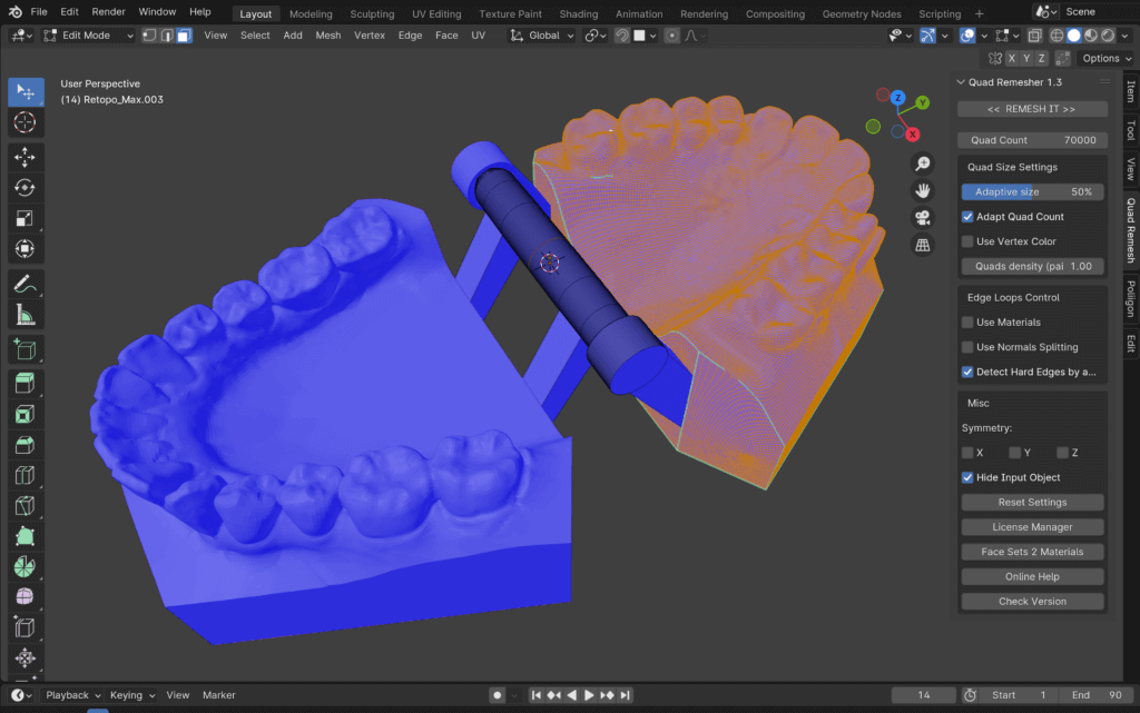 Editing Susu's class III malocclusion model in Blender with a print-in-place hinge