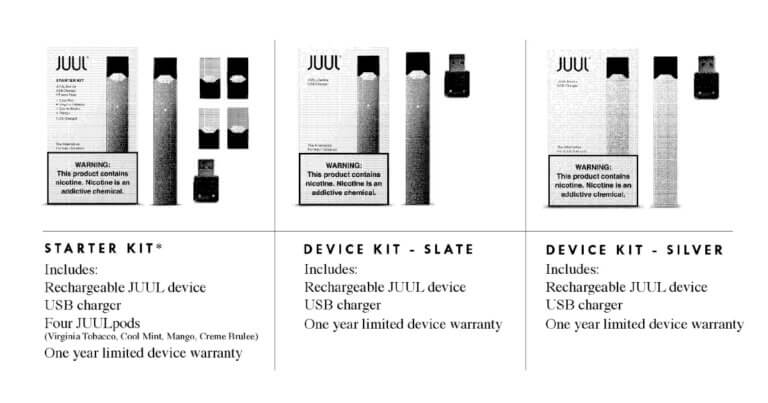 Juul device kits, device and cartridges