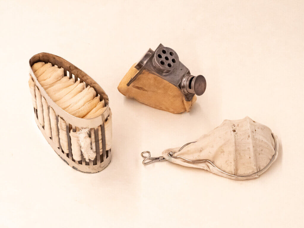 Three Anesthesia masks, from left: Allis Aseptic Inhaler, Snow Mask, Schimmelbusch Mask