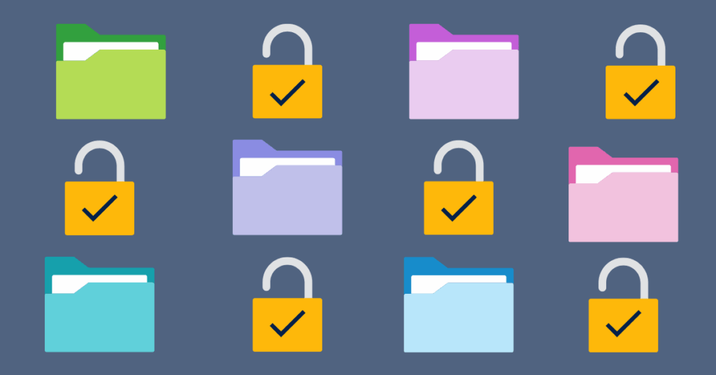 Patterned rows of paper folders in different colors and open locks with check marks where the key hole is.