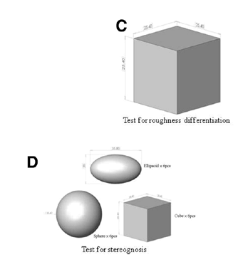 Spec sheet of shapes (sphere, ellipsoid, and cubes) with dimensions from previously published paper on stereognosis tests