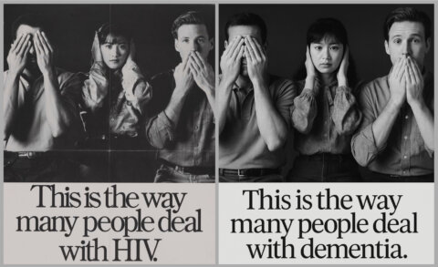 Early experiments swapping language for a new dementia media campaign using UCSF Archives Collections. Three people with the following texting under the image "This is the way many people deal with HIV." Same three people with the following text under the image "This is the way many people deal with dementia."