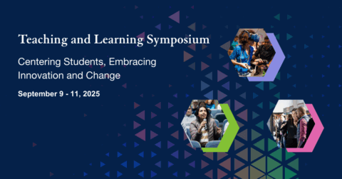 Advertisement for Teaching and Learning Symposium with three decorative images of people collaborating, learning and speaking.