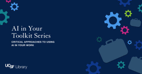 White text "AI in Your Toolkit Series Critical Approaches to using AI in your Work" in the background are the outlines of gears and toolboxes.