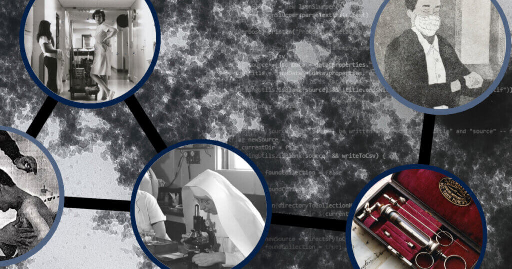 Three black and white images on the right in a triangular formation and circular frames, connected by black lines. To the right is an image of a syringe kit in a circular frame and above that is an illustration of someone wearing a k95 mask.