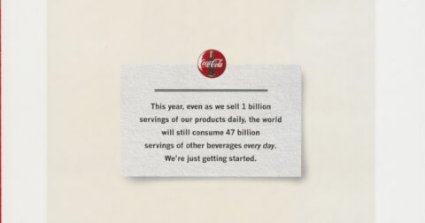 Text from a 1997 Coca-Cola report noting 1 billion servings of Coca-Cola were sold and there were 47 billion servings of other beverages.