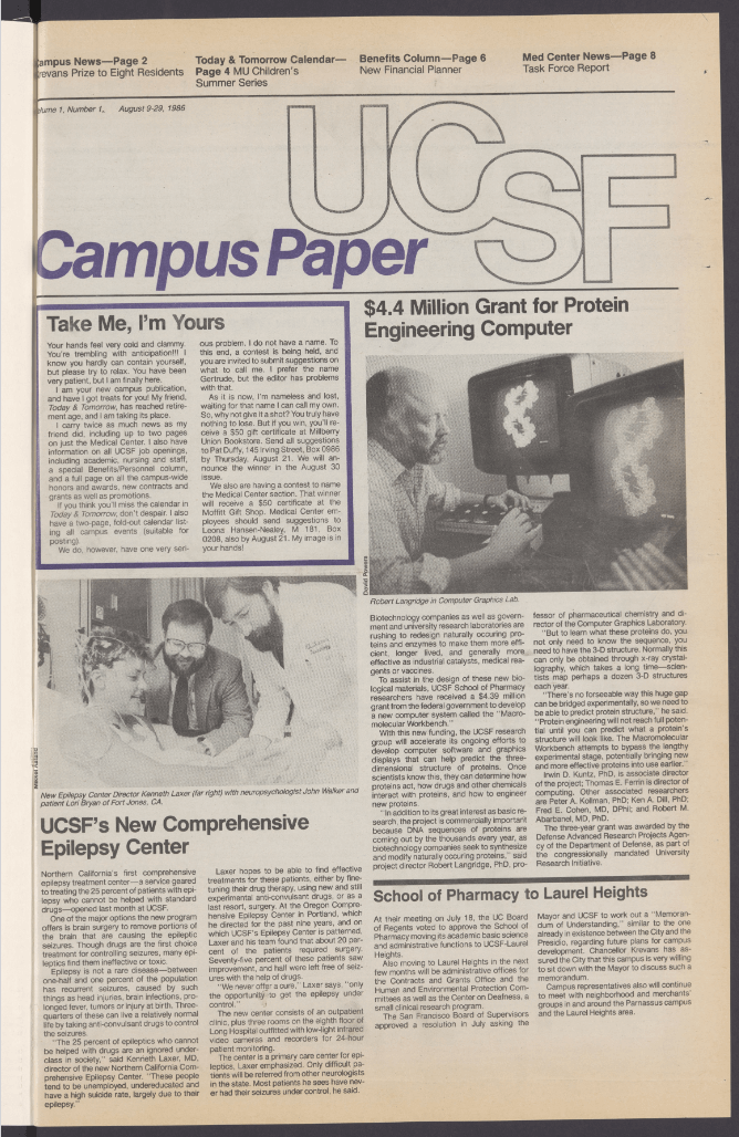 The front page of the UCSF Campus Newspaper, 1986, Volume 1, Issue 1