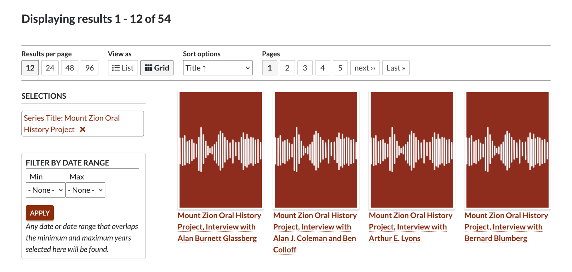The first four Mount Zion Oral History Project recordings as listed on the California Revealed webpage.