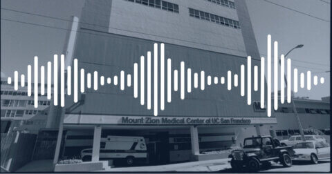 Mount Zion Medical Center of UC San Francisco 1600 Divisadero Street, Sutter Street Emergency Entrance, 1992 with sound waves layered over the image.