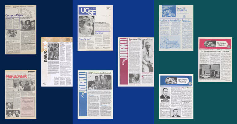 The front page of three UCSF Newsbreaks, three UCSF Journal and three The Campus Bulletins.
