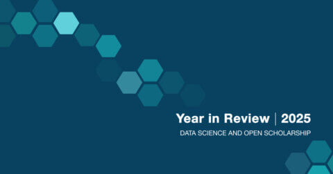 A decorative hexagon pattern and the text Year in Review 2025 Data Science and Open Scholarship