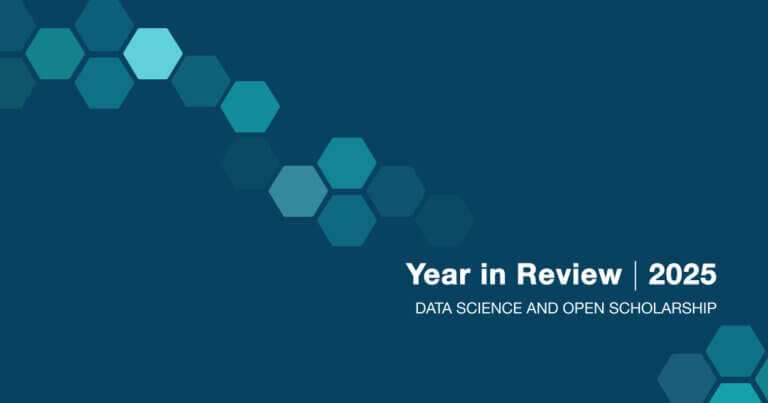 A decorative hexagon pattern and the text Year in Review 2025 Data Science and Open Scholarship